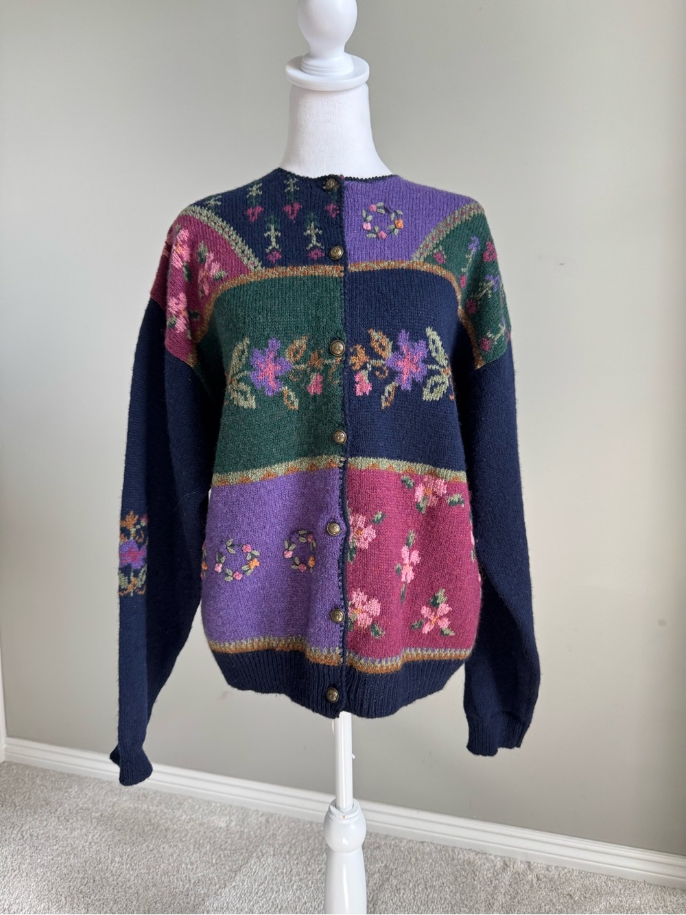 Woolrich Vintage Wool Floral Patchwork Button Cardigan Sweater - Multicolor